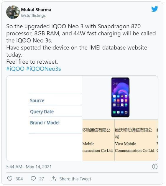 Mukul Sharma'nın İQOO Neo 3s paylaşımı