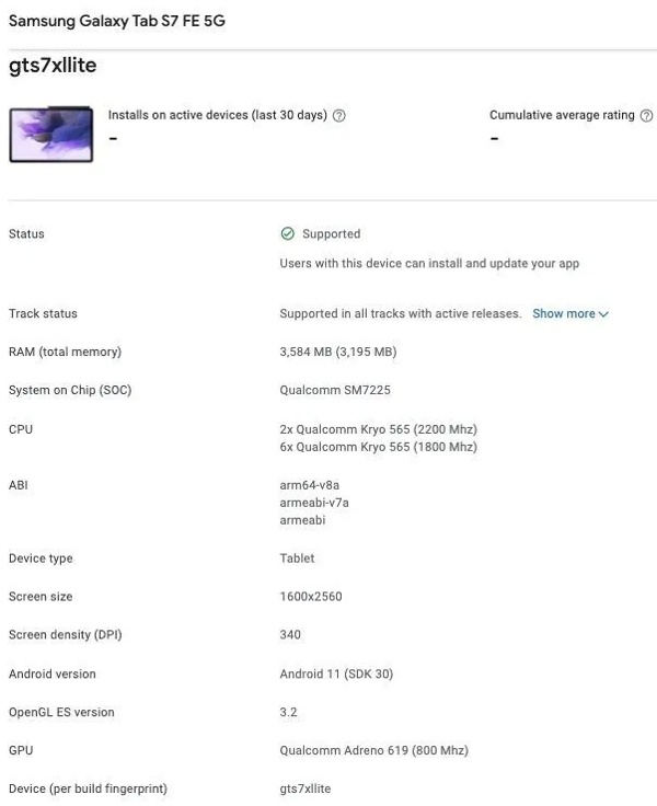 Samsung Galaxy Tab S7 FE Google Play Console'da göründü! - Resim : 1