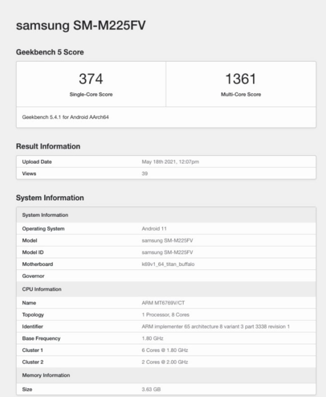 M22'nin geekbench testi
