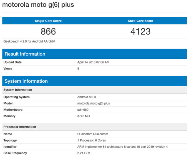 Motorola Moto G6 Plus Geekbench'te göründü - Resim : 1