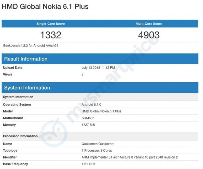 Nokia 6.1 Plus testlerde göründü - Resim : 1