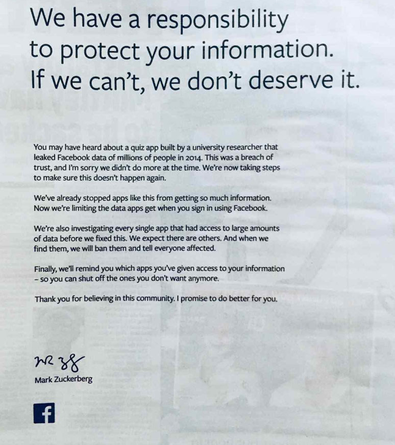 Facebook gazetelere ilan vererek özür diledi - Resim : 1