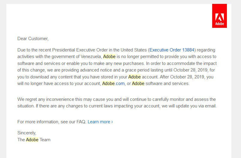 Adobe Venezuela hesaplarını iptal ediyor - Resim : 1