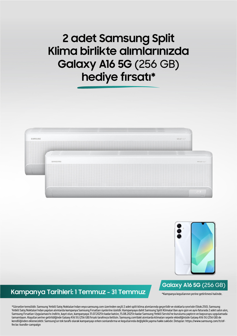 Samsung Split Klimalarda 2’li alımda Galaxy A16 5G telefon hediye fırsatı! - Resim : 1