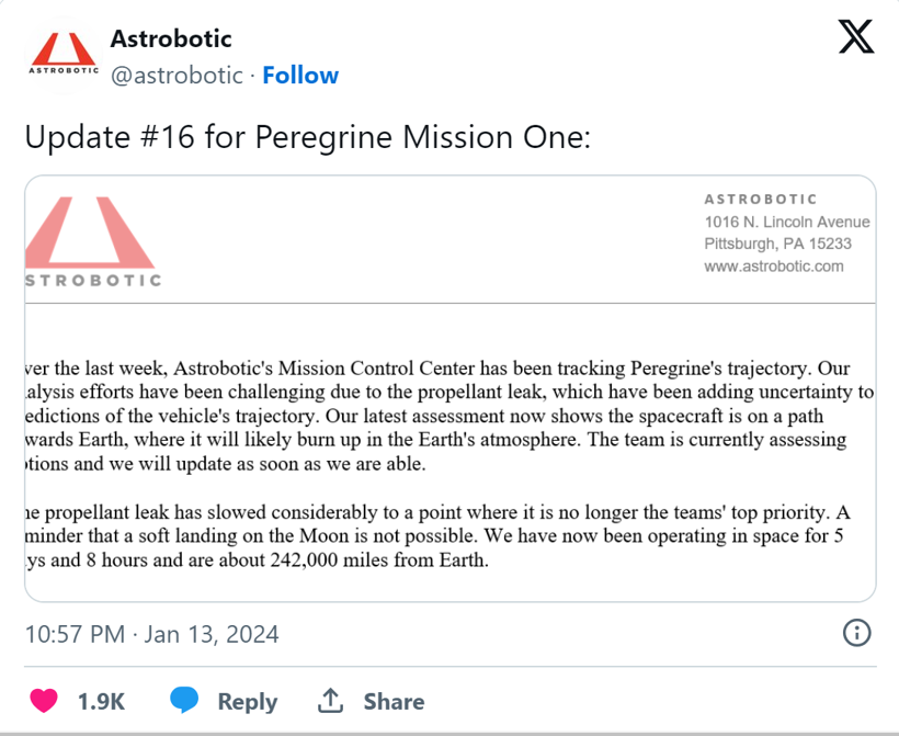 Peregrine ay iniş aracı büyük bir tehlike ile karşı karşıya - Resim : 1