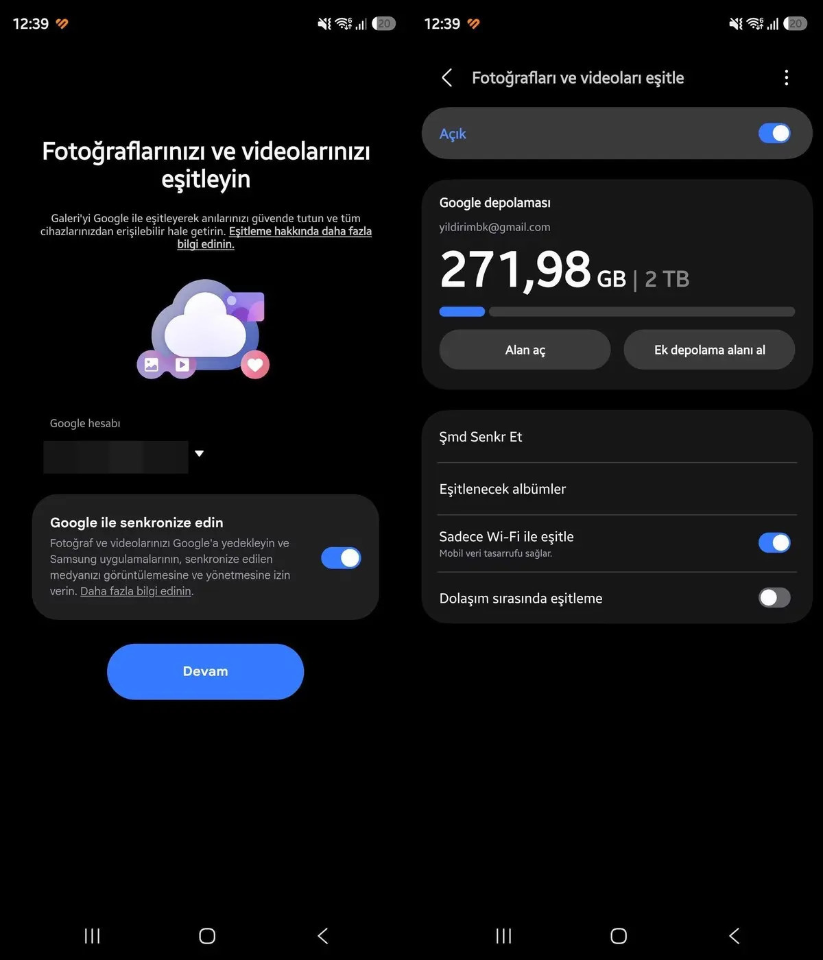 Telefonda Google ile fotoğraf eşitleme kurulumu ve depolama bilgilerini gösteren iki ekran.